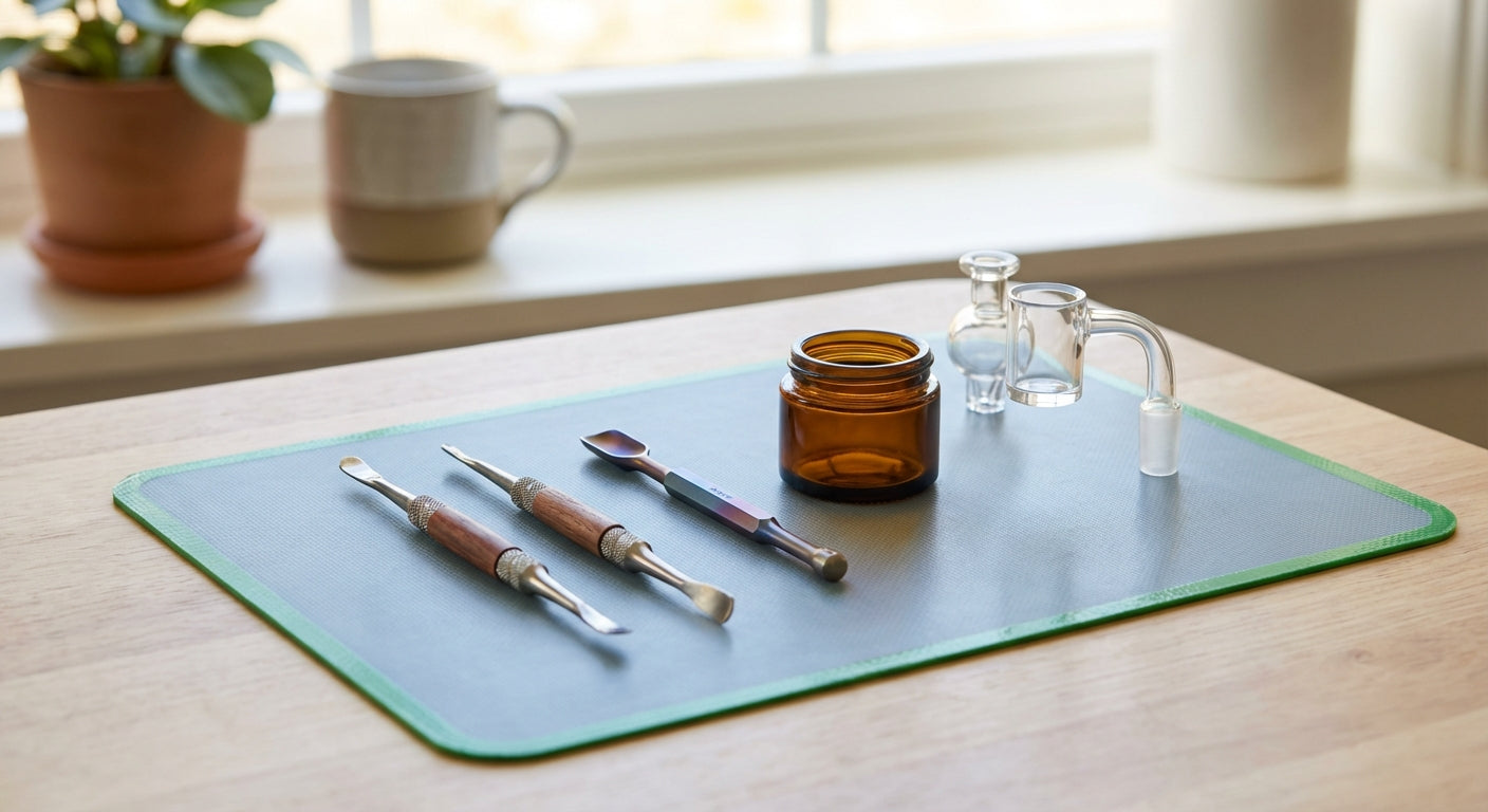 A tidy dab station with a silicone mat, two dab tools, a jar of rosin, and a quartz banger nearby