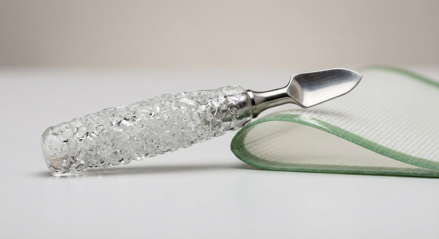 Close-up of the crushed glass handle texture and metal tip shape