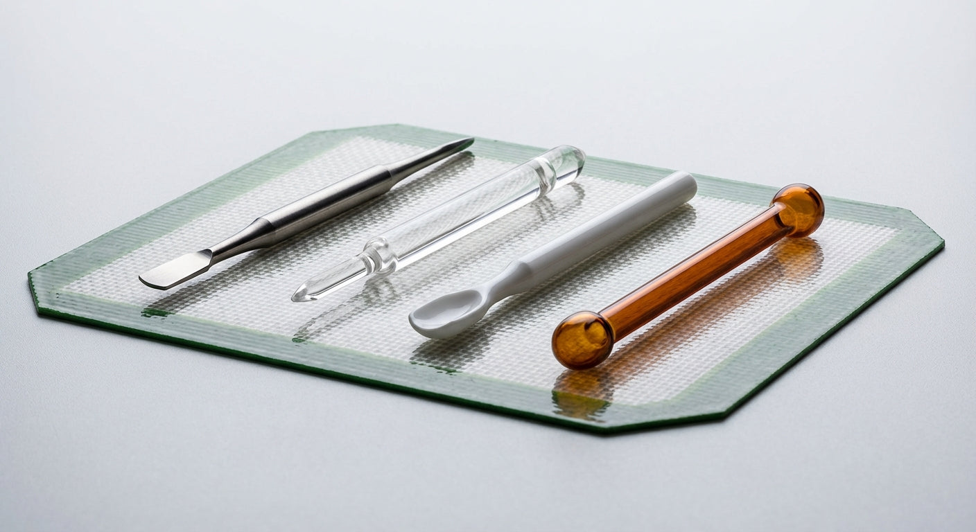 Close-up of titanium, quartz, ceramic, and glass dab tools laid out on an oil slick pad