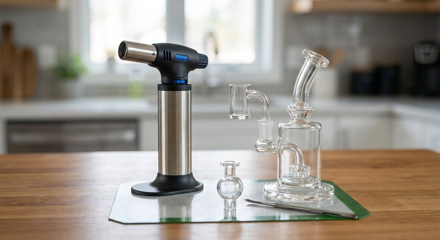 Close up of a butane dab torch next to a dab rig, carb cap, and silicone dab mat on a tidy dab station