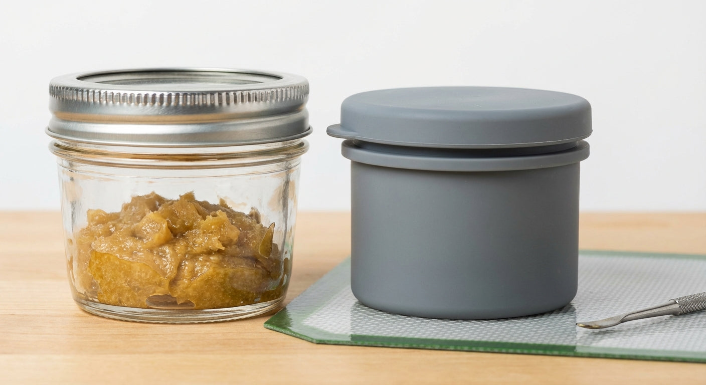 Side-by-side close-up of a glass jar and silicone container with rosin,  lid seals and texture