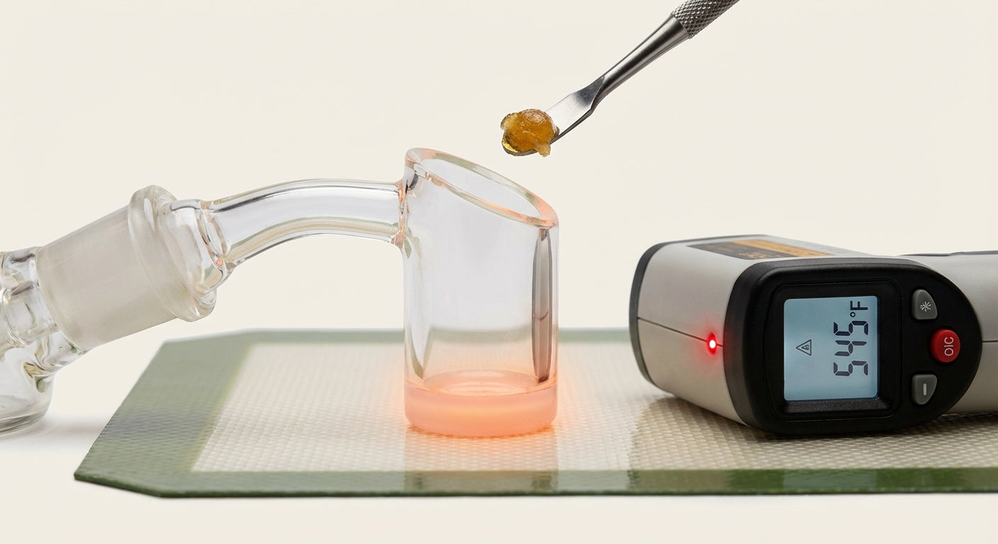 Close-up of a heated quartz banger with a small dab ready to drop, digital infrared thermometer in frame