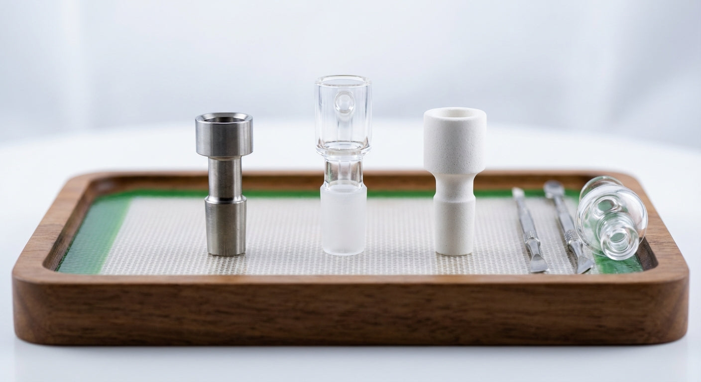 Close-up comparison of titanium, quartz, and ceramic nails on a dab tray