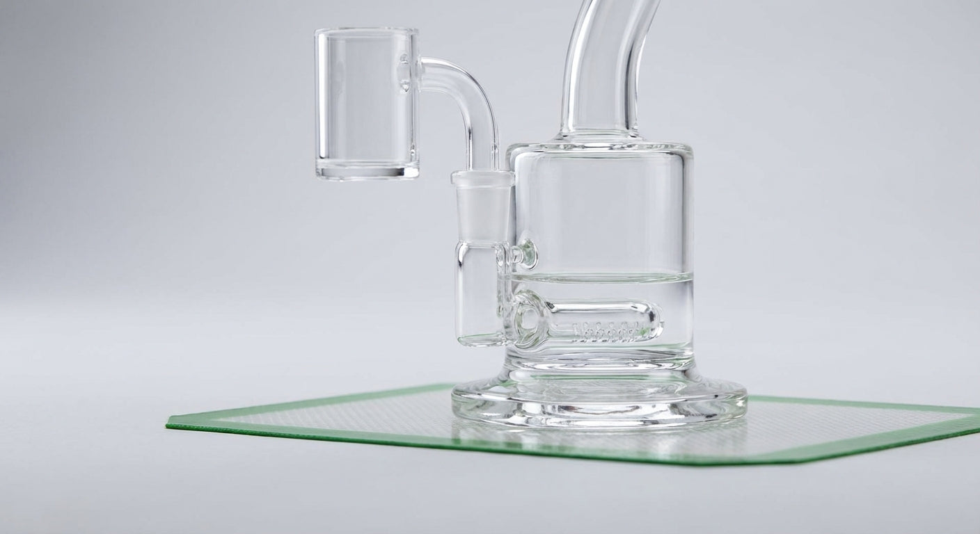 Close-up of a quartz banger on a rig with water level marked at the perc holes