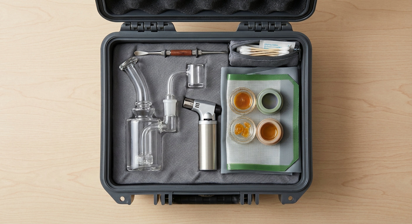 Flat lay of a neatly organized travel dab kit in a small hard case