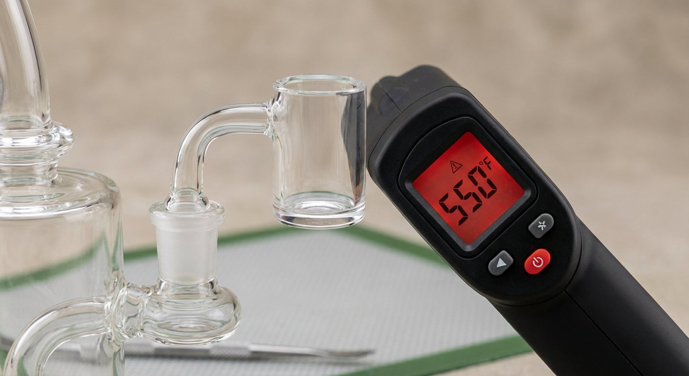 Close-up of a quartz banger with IR temp gun reading