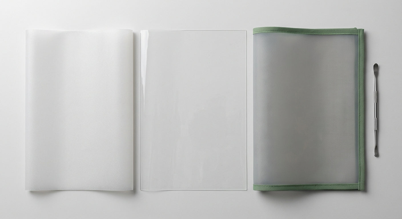 Side-by-side close-up of PTFE sheet, FEP sheet, and silicone dab mat  texture and transparency differences