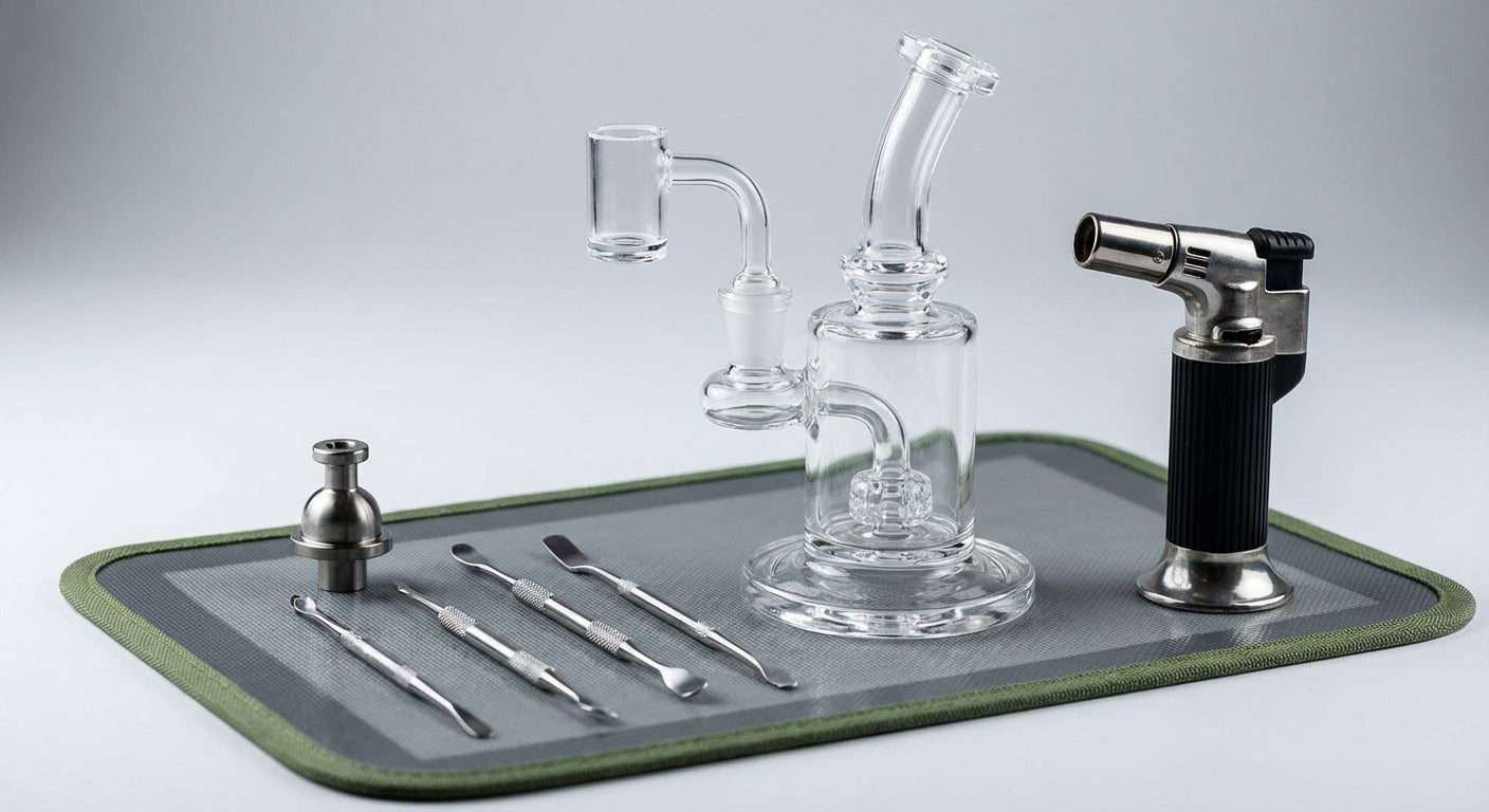 Close-up of a dab rig on a silicone mat with tools neatly arranged, torch to the side