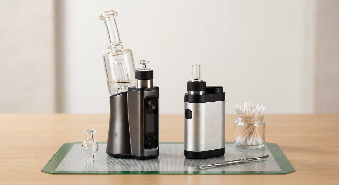 Close-up shot of a desktop e-rig and a portable e-rig side by side on a silicone dab mat