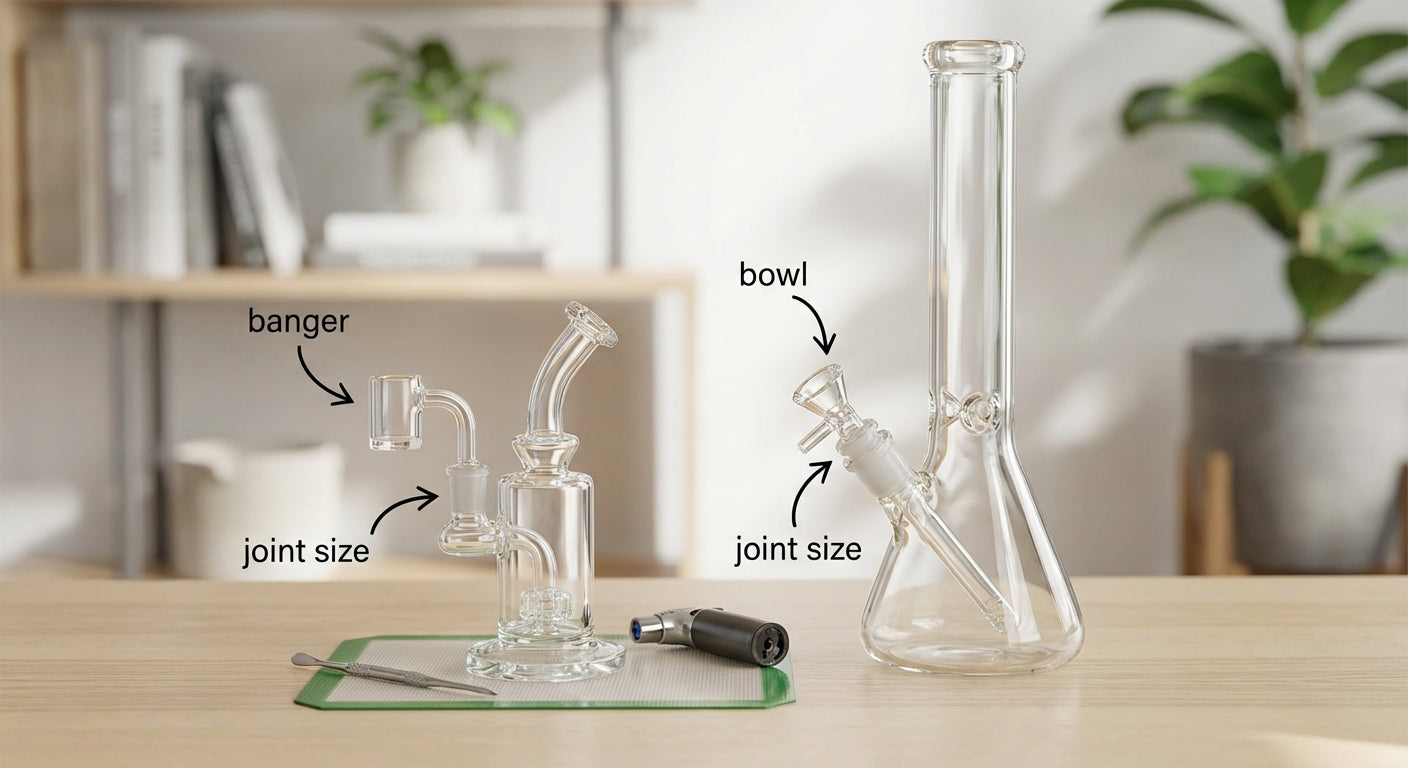 A compact dab rig beside a tall beaker bong, labeled parts like banger, bowl, joint size