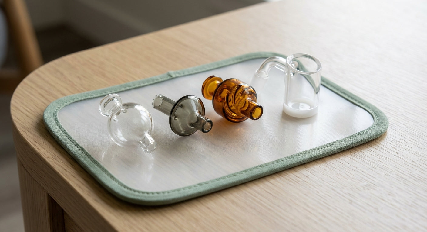 Bubble, directional, and spinner caps sitting on a dab pad beside a quartz banger