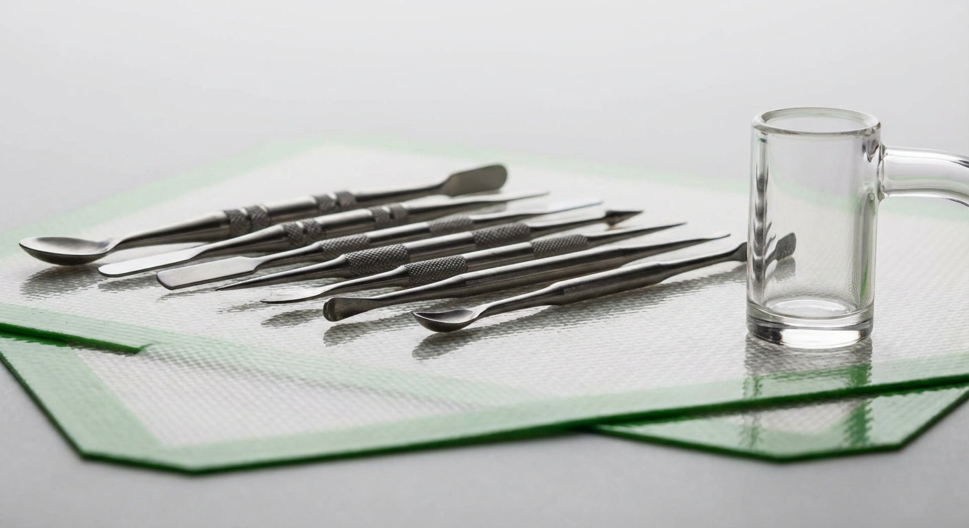 Close-up of different dab tool shapes arranged on a silicone dab mat next to a quartz banger