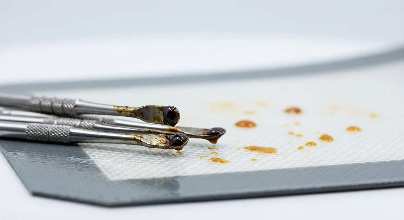 Close-up of dirty metal dab tools resting on a silicone dab mat with concentrate residue around them