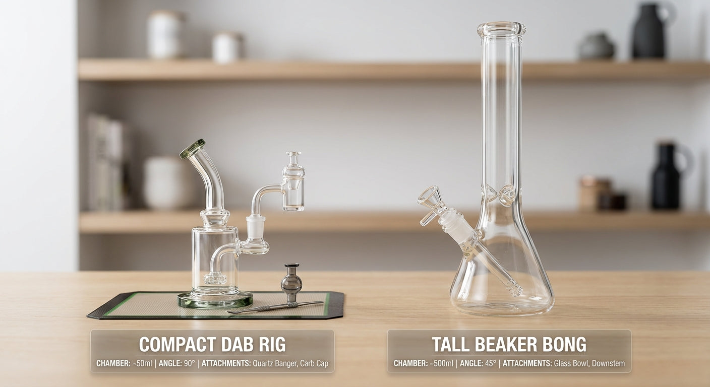 Side-by-side photo of a compact dab rig and a tall beaker bong, labeled with chamber size, joint angle, and typical a...