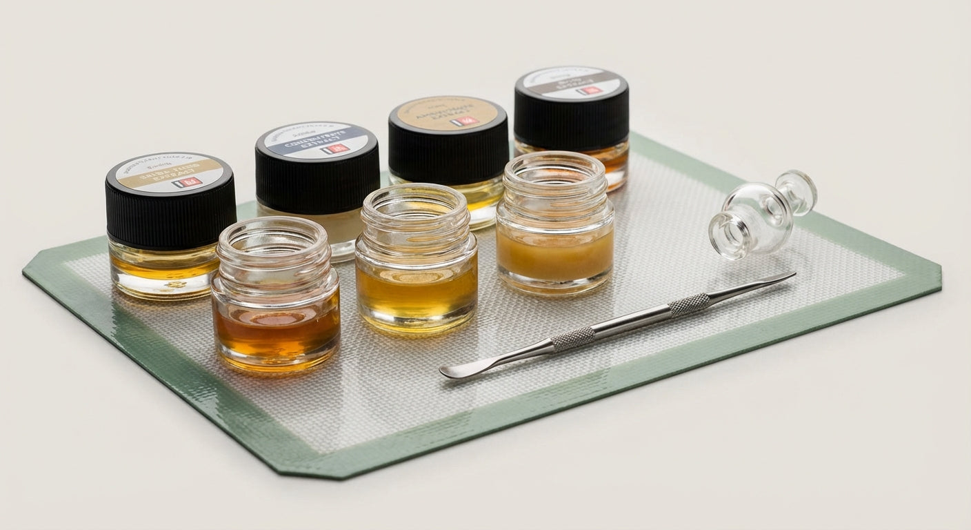 Labeled glass concentrate jars with sealed lids stored on a silicone dab mat