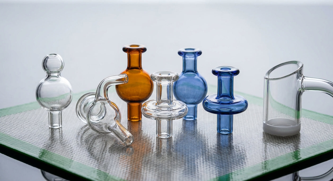 Close-up of various carb caps arranged on a silicone dab mat next to a quartz banger