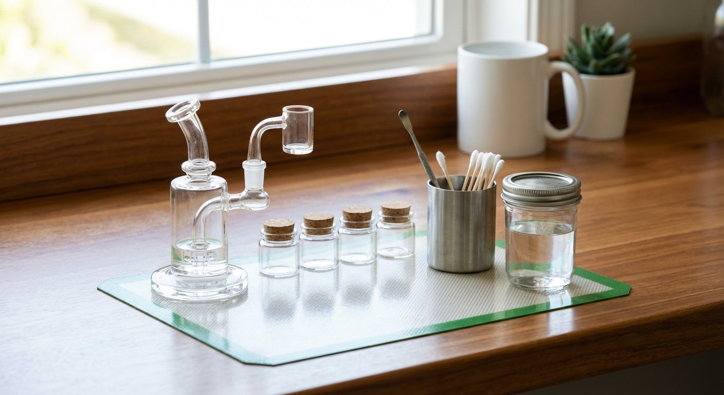 A tidy dab station with labeled concentrate jars, a dab tool holder, cotton swabs, ISO jar, and a silicone mat under ...