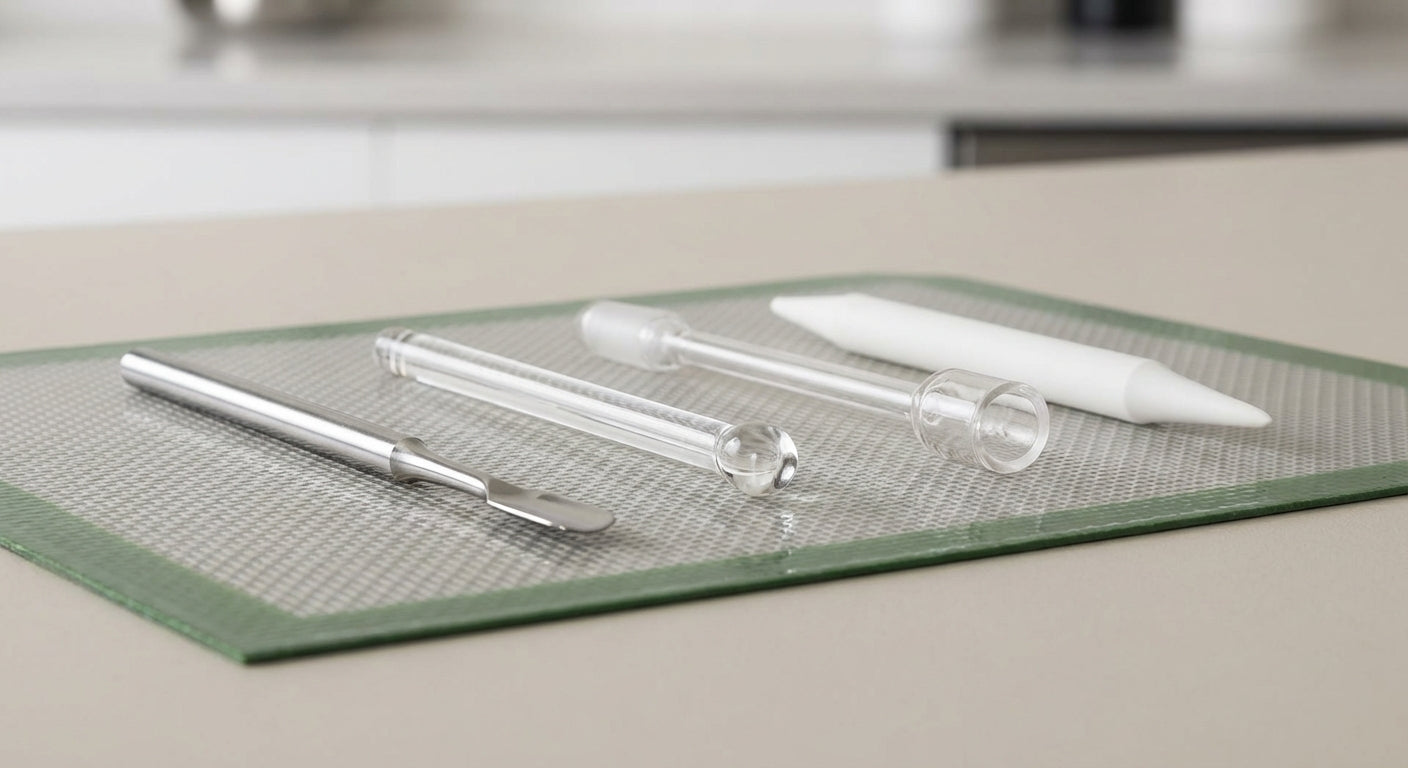 Close-up lineup of different dab tools made of stainless, glass, quartz, and ceramic on a silicone dab mat