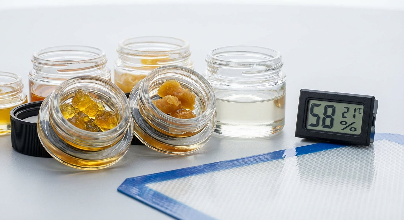 Close-up of different concentrates in open jars with a small hygrometer nearby