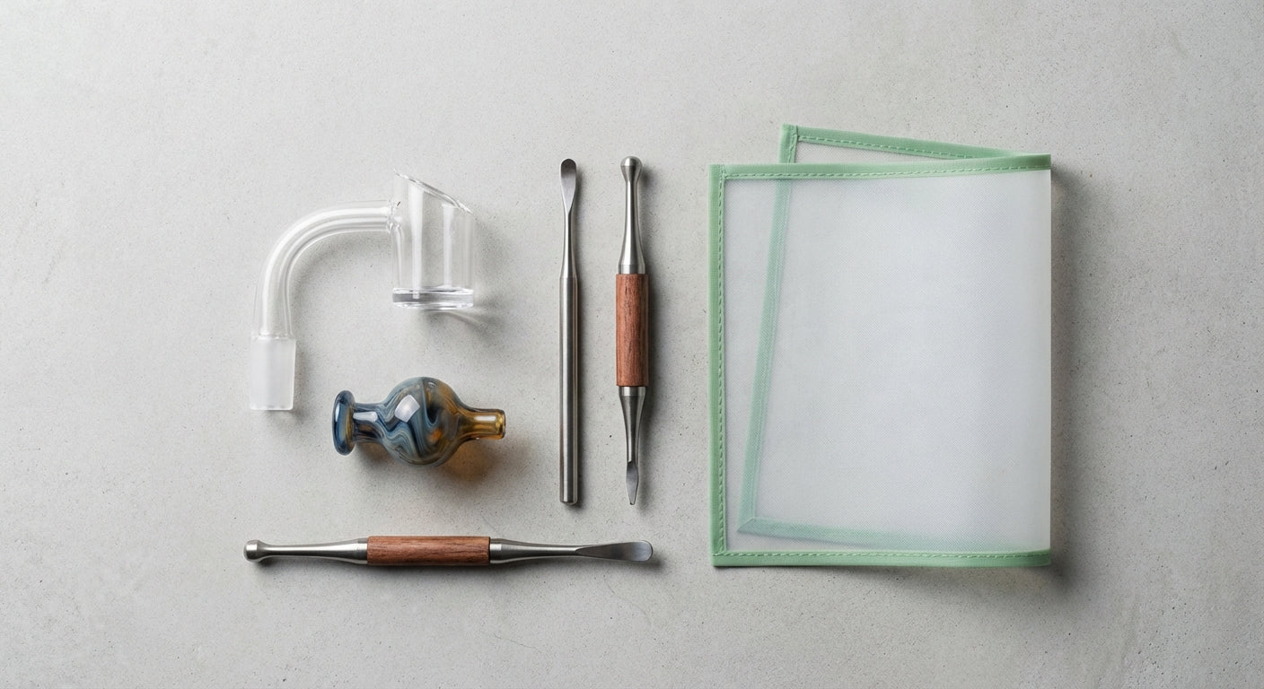 Flat lay of modern concentrate tools including quartz banger, carb cap, dab tool, and silicone mat on a clean surface