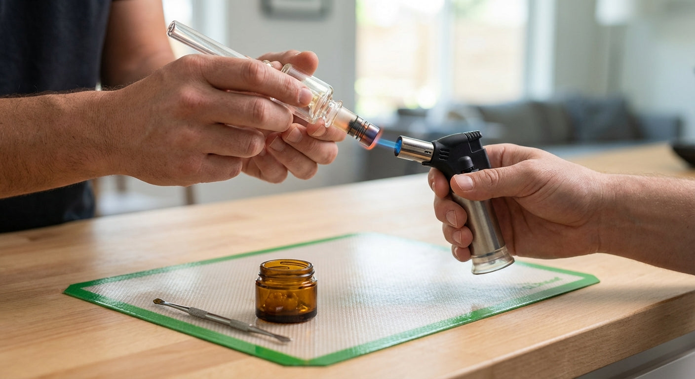 Hands heating a nectar collector tip over a torch, concentrate jar nearby on a silicone mat