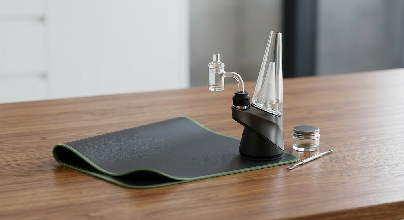Modern dab setup with electronic rig, quartz banger, and silicone dab pad on a clean wooden surface