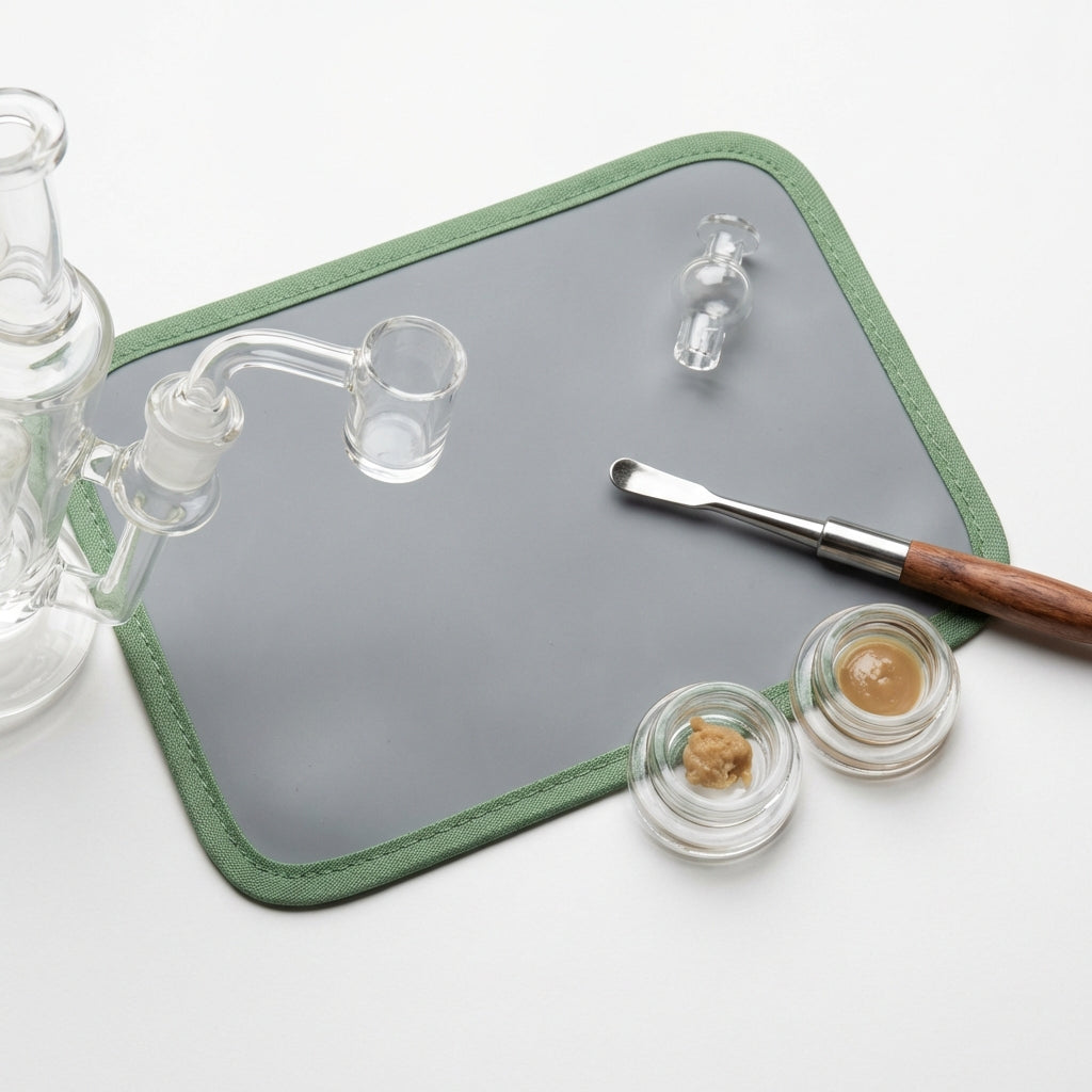 Overhead flat-lay of a complete dabbing setup including a silicone dab pad, quartz banger, carb cap, dab tools, and c...