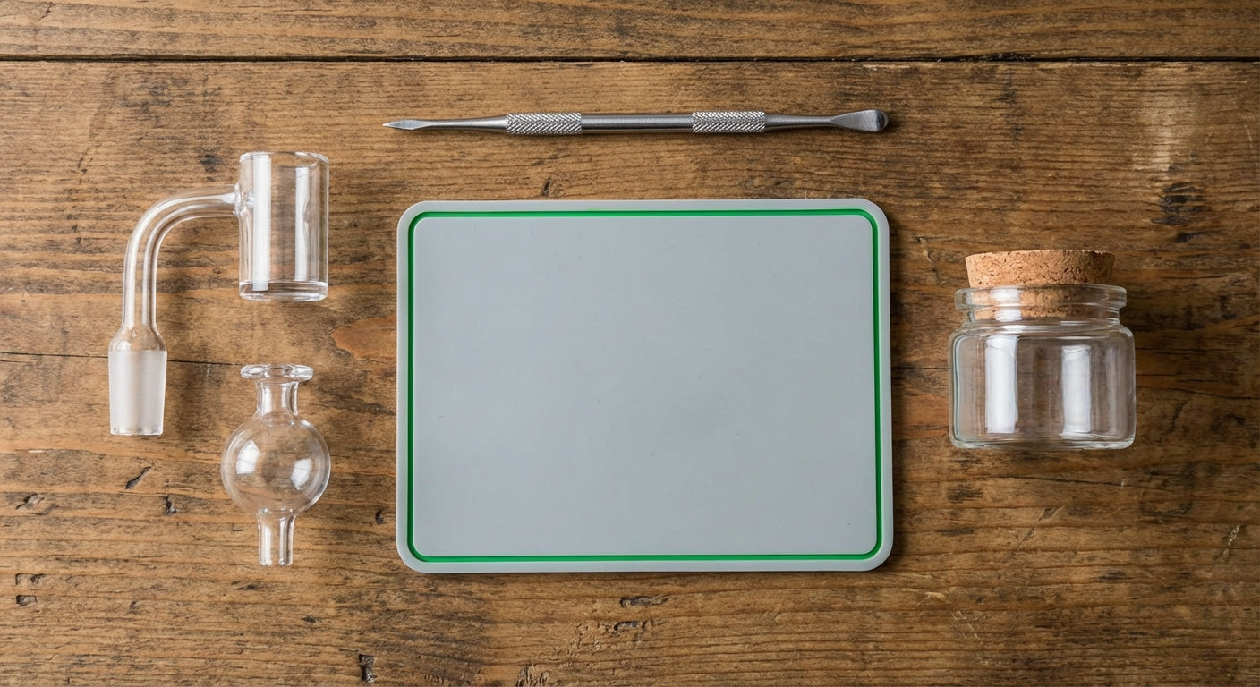 Overhead flat-lay photo of a complete dab setup including a quartz banger, carb cap, dab tool, silicone dab pad, and ...