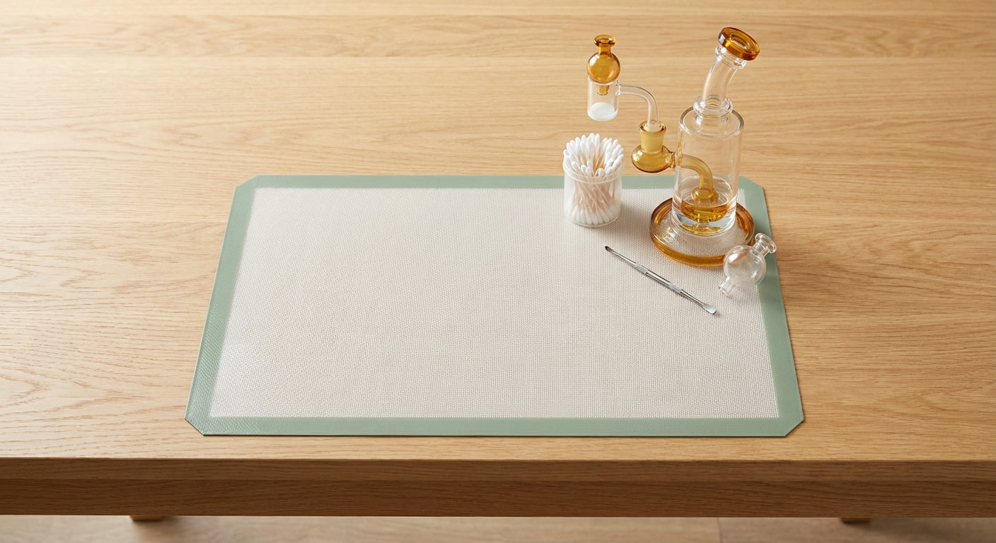 Overhead shot of a premium silicone dab pad laid flat on a clean wood surface with a dab rig, quartz banger, and carb...