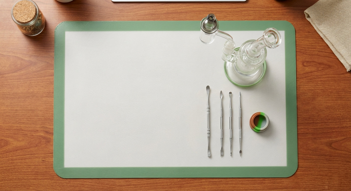 overhead shot of an Oil Slick Pad silicone mat laid out on a wood desk with a dab rig, quartz banger, and dab tools a...
