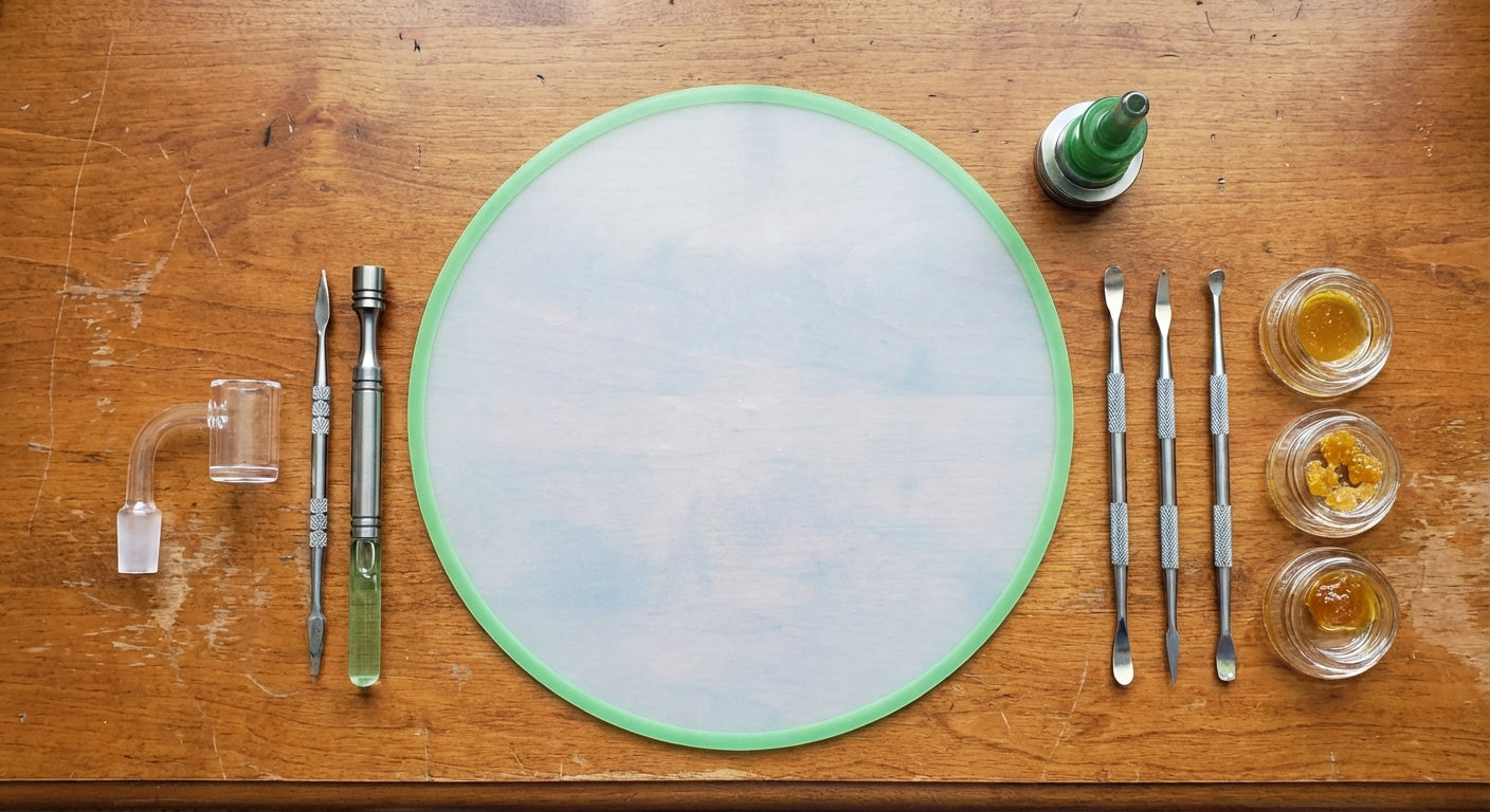 Overhead shot of an oil slick silicone dab pad on a wood desk with dab tools, a quartz banger, and concentrate jars a...