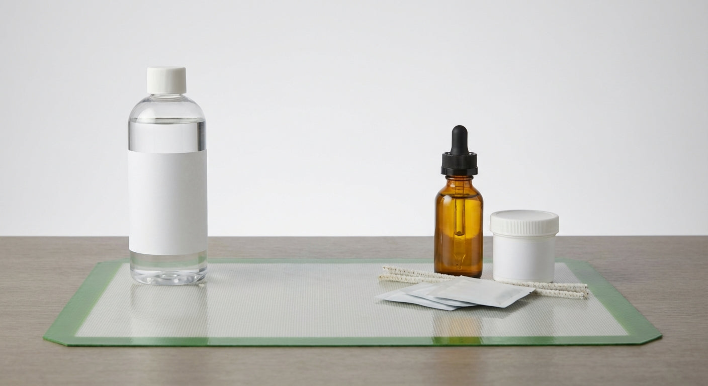 Side-by-side comparison of a bottle of 99% isopropyl alcohol next to specialty cannabis cleaning products, arranged o...