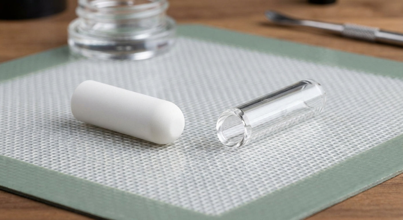 Side-by-side comparison of a ceramic nectar tip and quartz nectar tip on a silicone dab mat