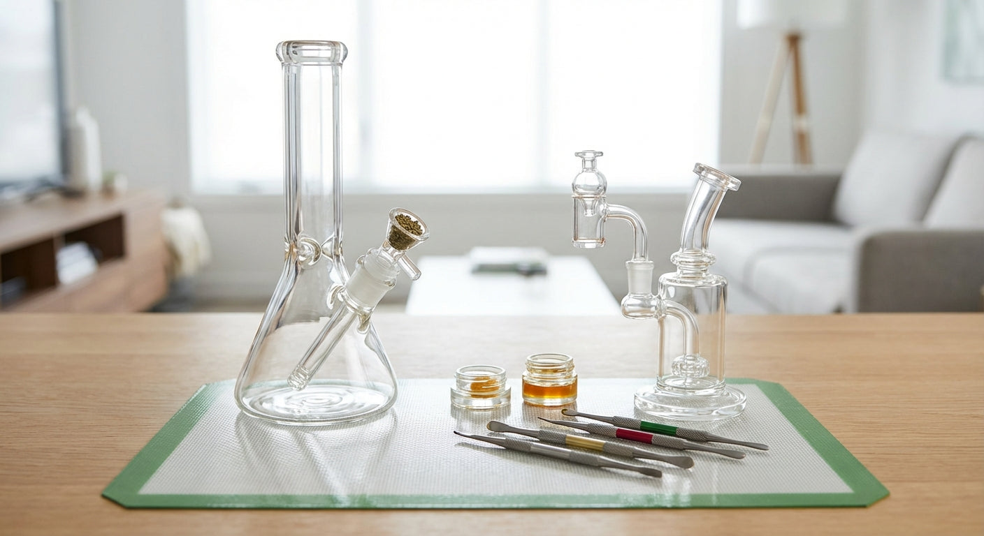 Side-by-side comparison of a classic bong and a dab rig on a silicone dab mat, with concentrates and tools visible