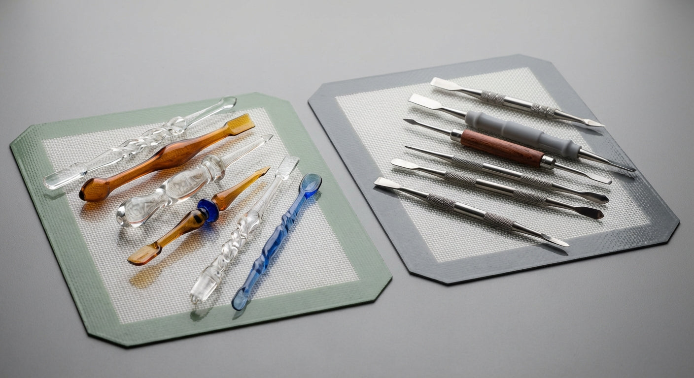 Side-by-side comparison of glass and metal dab tools laid on a silicone dab pad,  different handle styles and tip types