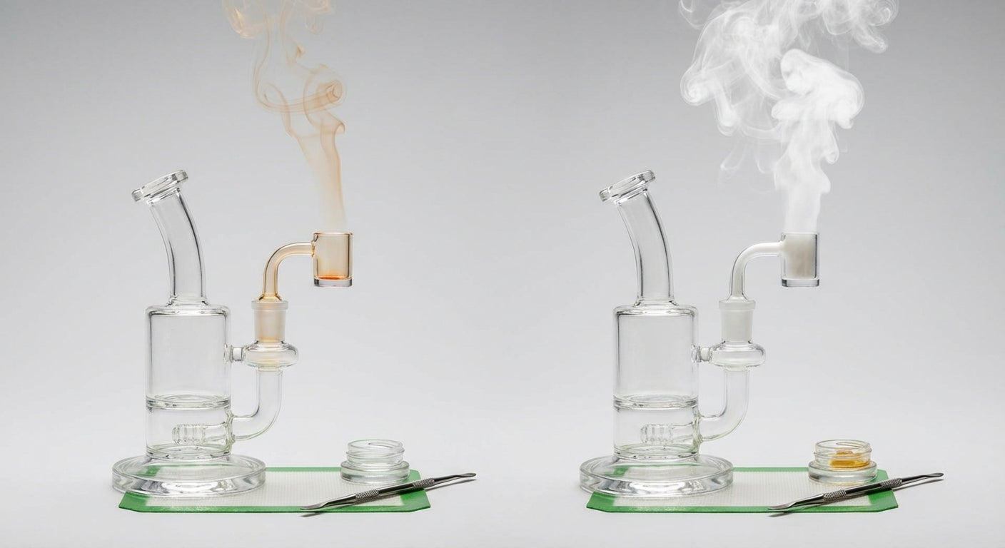 Side-by-side comparison of low-temp amber vapor versus thick white cloud production from a quartz banger on a glass d...