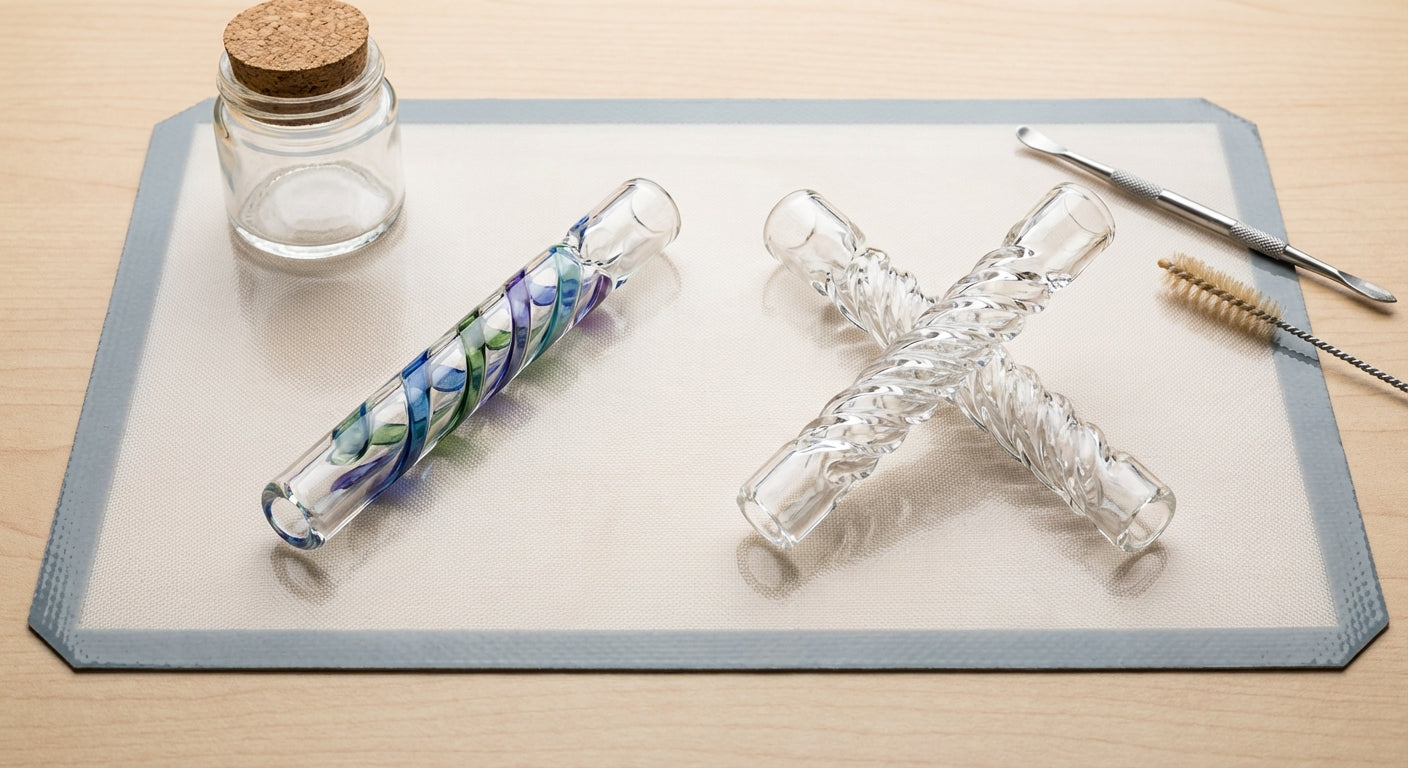 Side-by-side comparison of ribbon chillum and twisted chillum designs on a silicone dab mat
