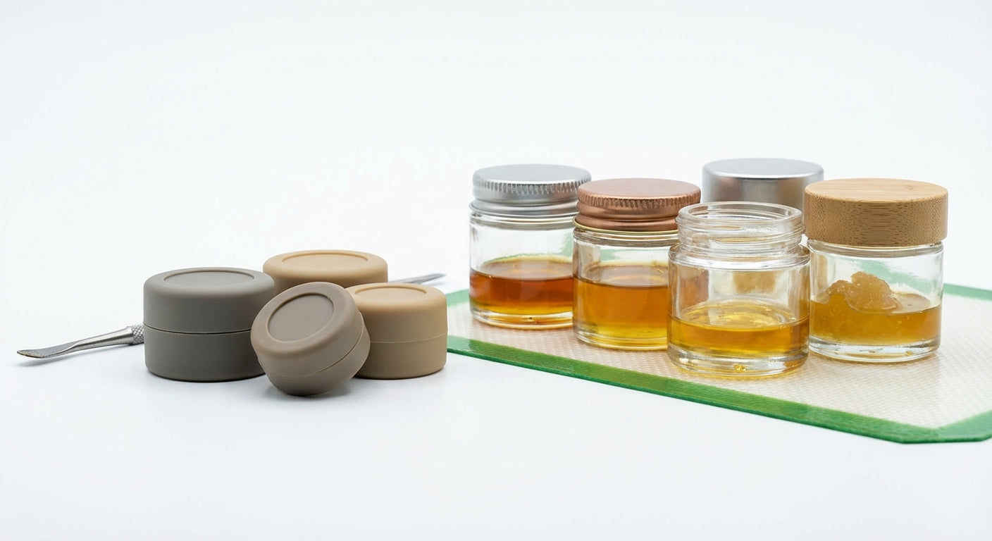 Side-by-side comparison of silicone dab containers and glass jars filled with various concentrates on a clean surface