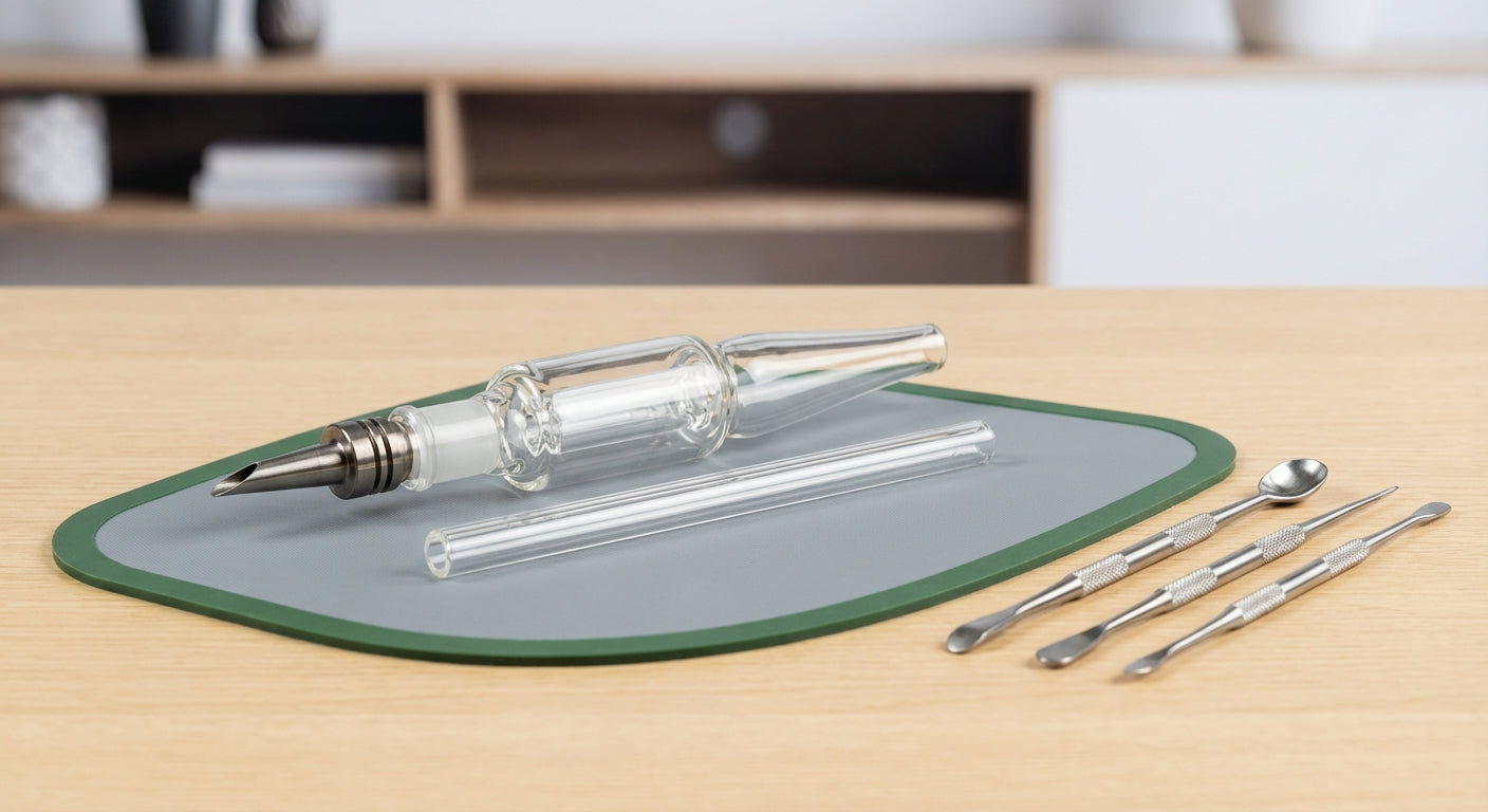 Side-by-side photo of a nectar collector and a dab straw lying on a silicone dab pad with concentrate tools nearby