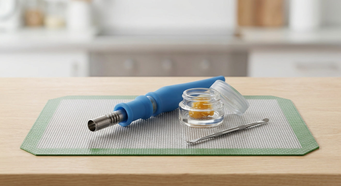 silicone nectar collector with detachable tip and small concentrate jar on a dab pad