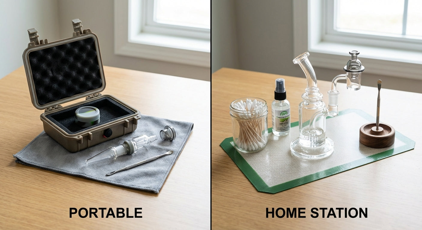 Split view of a portable dab kit next to a tidy home dab station on a silicone mat