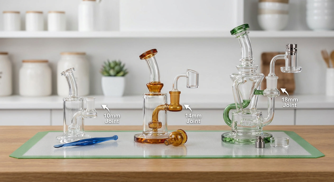 Three dab rigs side by side  10mm, 14mm, and 18mm joint sizes with labeled arrows pointing to each joint