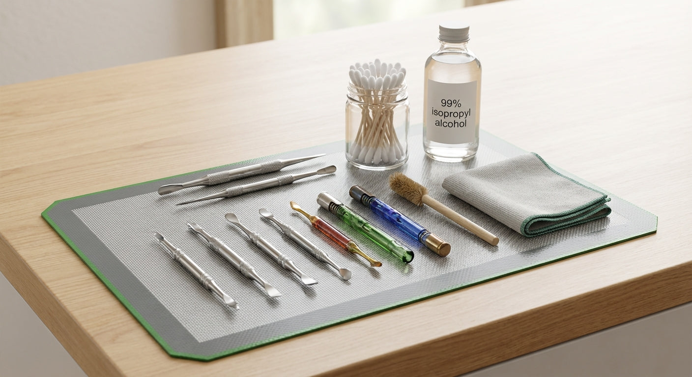 Various dab tools laid out on a silicone dab pad alongside cleaning supplies including isopropyl alcohol and cotton s...