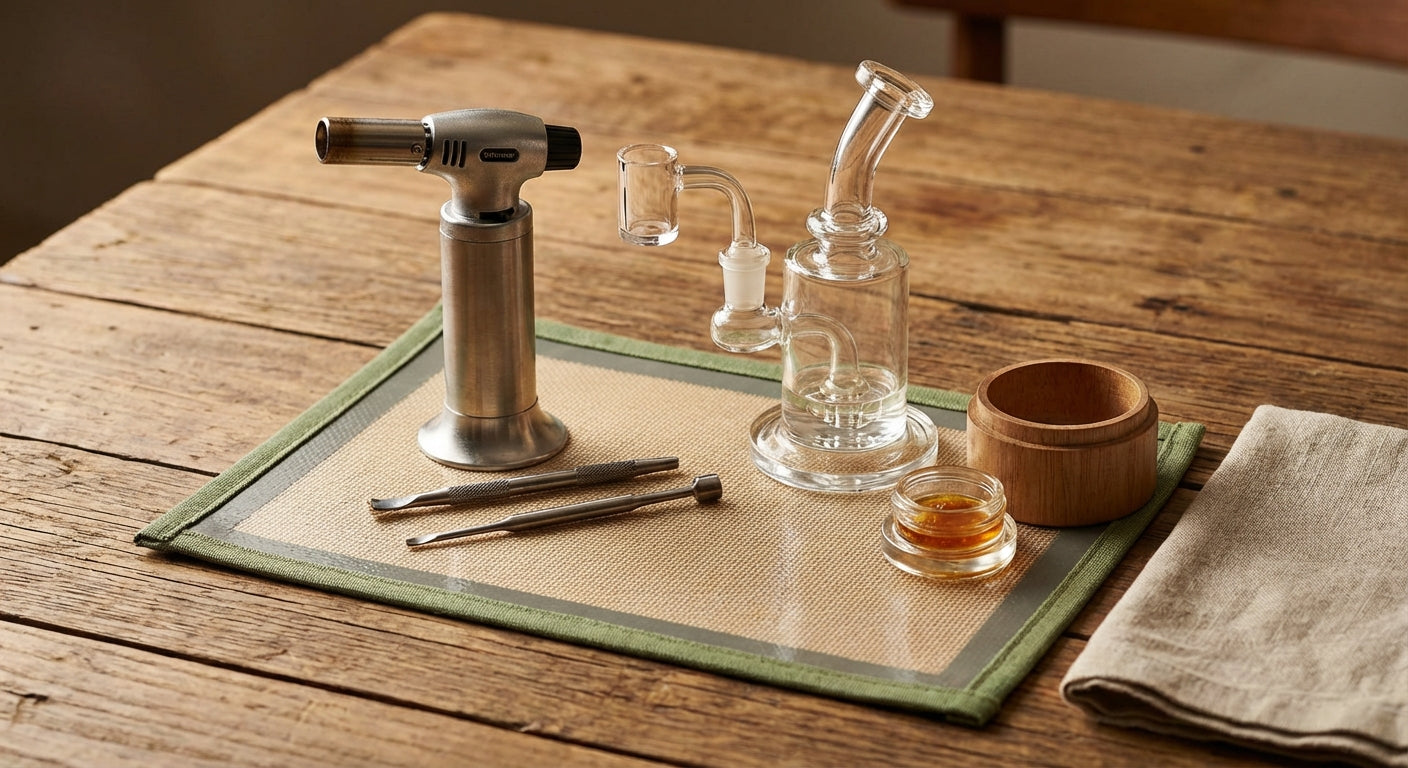 Vintage-style photo of early dabbing setup with torch, glass nail, and titanium tools on a wooden surface