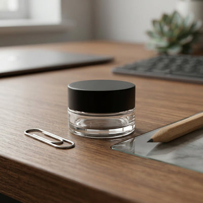 7ml low profile glass jar next to a paperclip for true scale