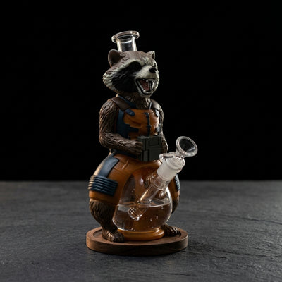 10.3" Space Raccoon Water Pipe on dark slate surface - Oil Slick Pad