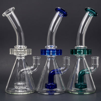 10" Bent Neck Fidget Gear Rig in Clear, Blue and Teal
