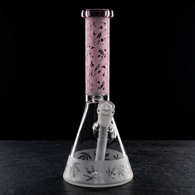 10" Color Neck Hemp Leaf Sandblast Beaker on dark slate surface - Oil Slick Pad