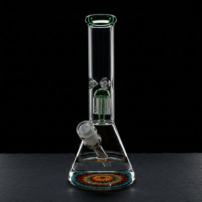 10" Decal Tree Perc Beaker on dark slate surface - Oil Slick Pad