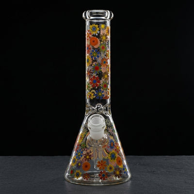 10" Flower Bouquet Decal Beaker on dark slate surface - Oil Slick Pad
